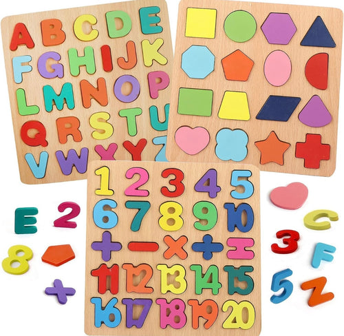 4-in-1 Wooden Alphabet, Numbers & Shapes Puzzle Set