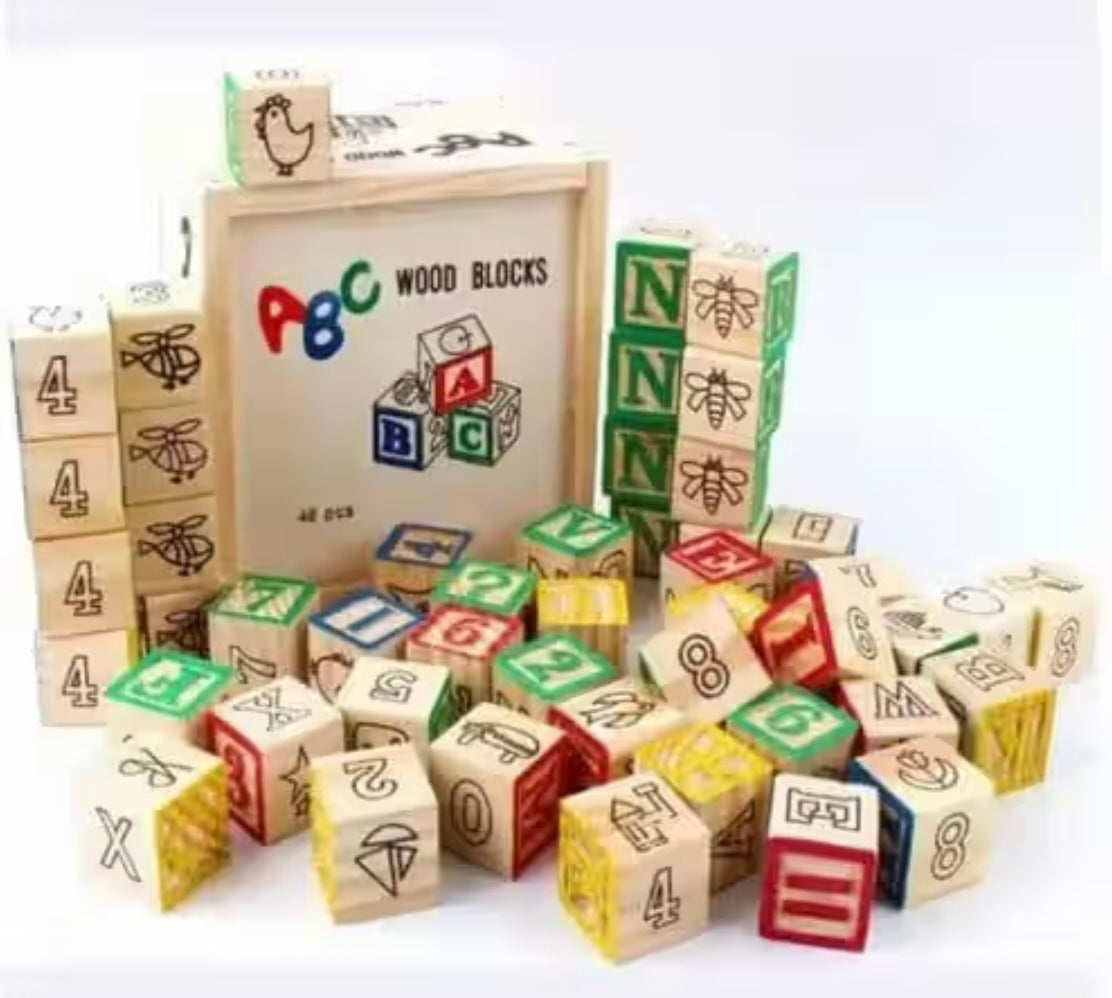 48-Piece Wooden ABC Alphabet & Number Learning Blocks for Kids