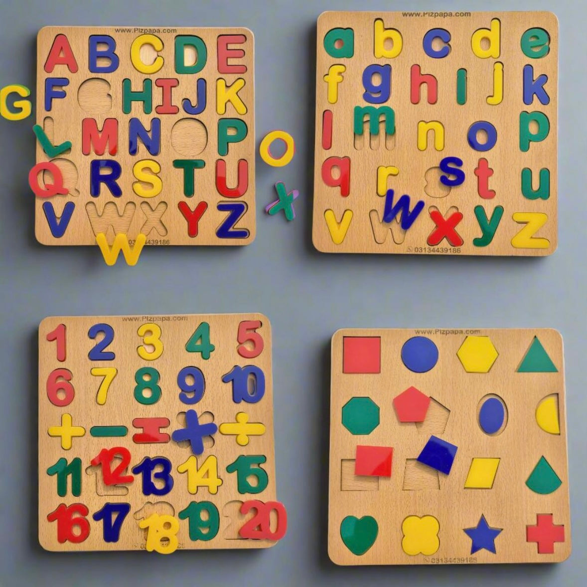 4-in-1 Wooden Alphabet, Numbers & Shapes Puzzle Set