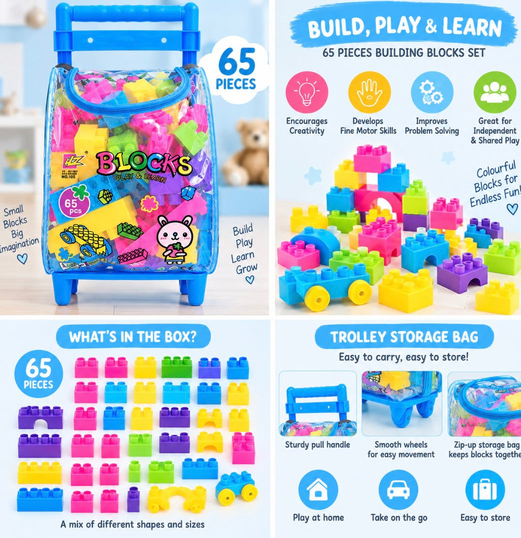 65-Piece Kids Building Blocks with Trolley Storage Bag