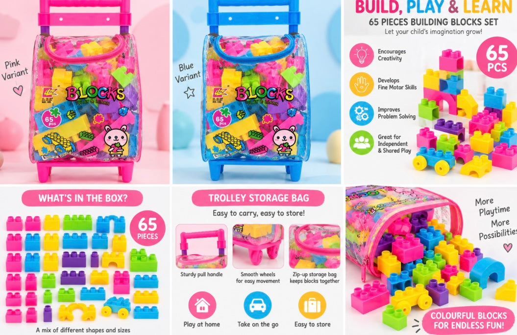 65-Piece Kids Building Blocks with Trolley Storage Bag