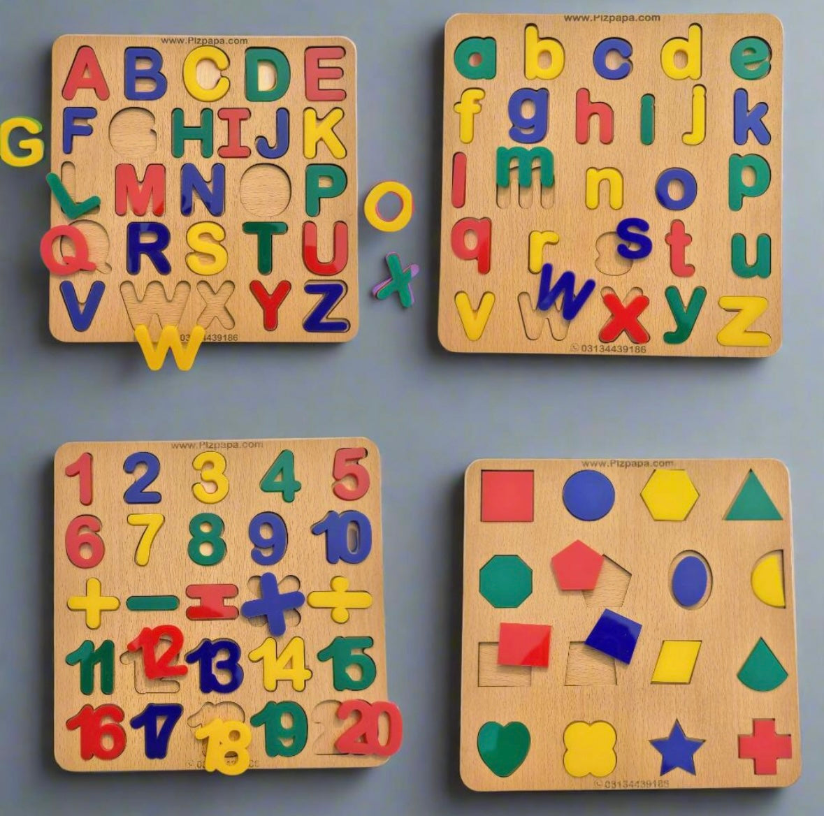 4-in-1 Wooden Alphabet, Numbers & Shapes Puzzle Set