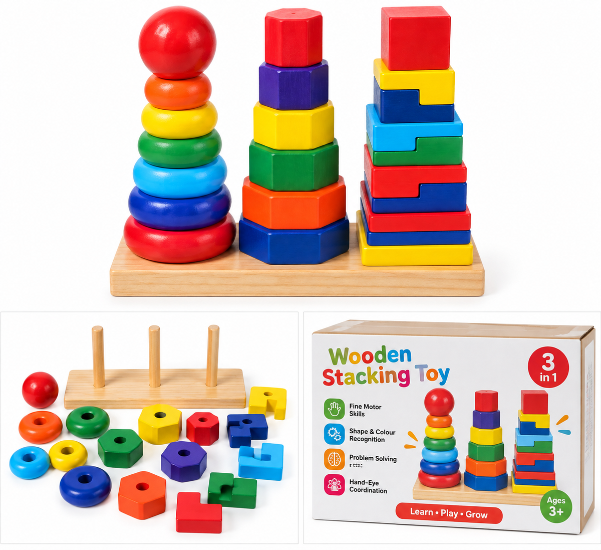 3-in-1 Wooden Shape Stacking & Sorting Toy for Kids