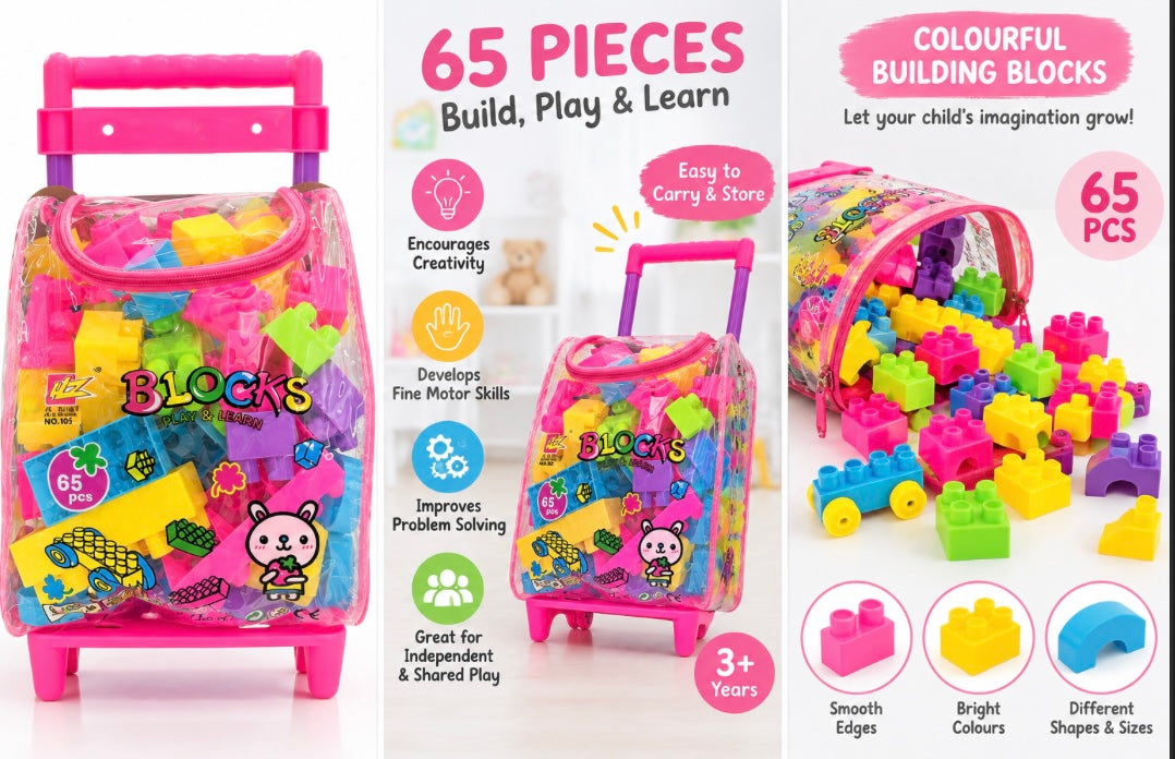 65-Piece Kids Building Blocks with Trolley Storage Bag