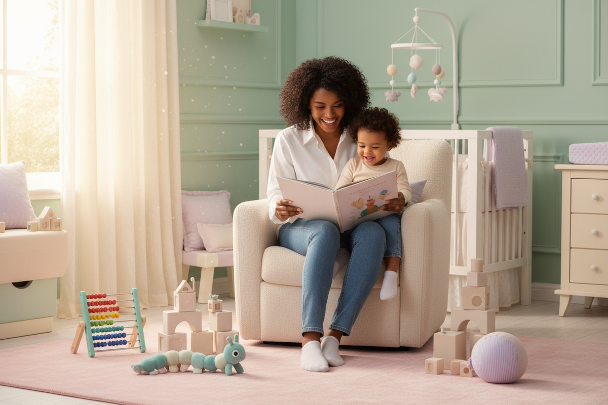 Joyful Mother Reading with Child in Pastel Nursery